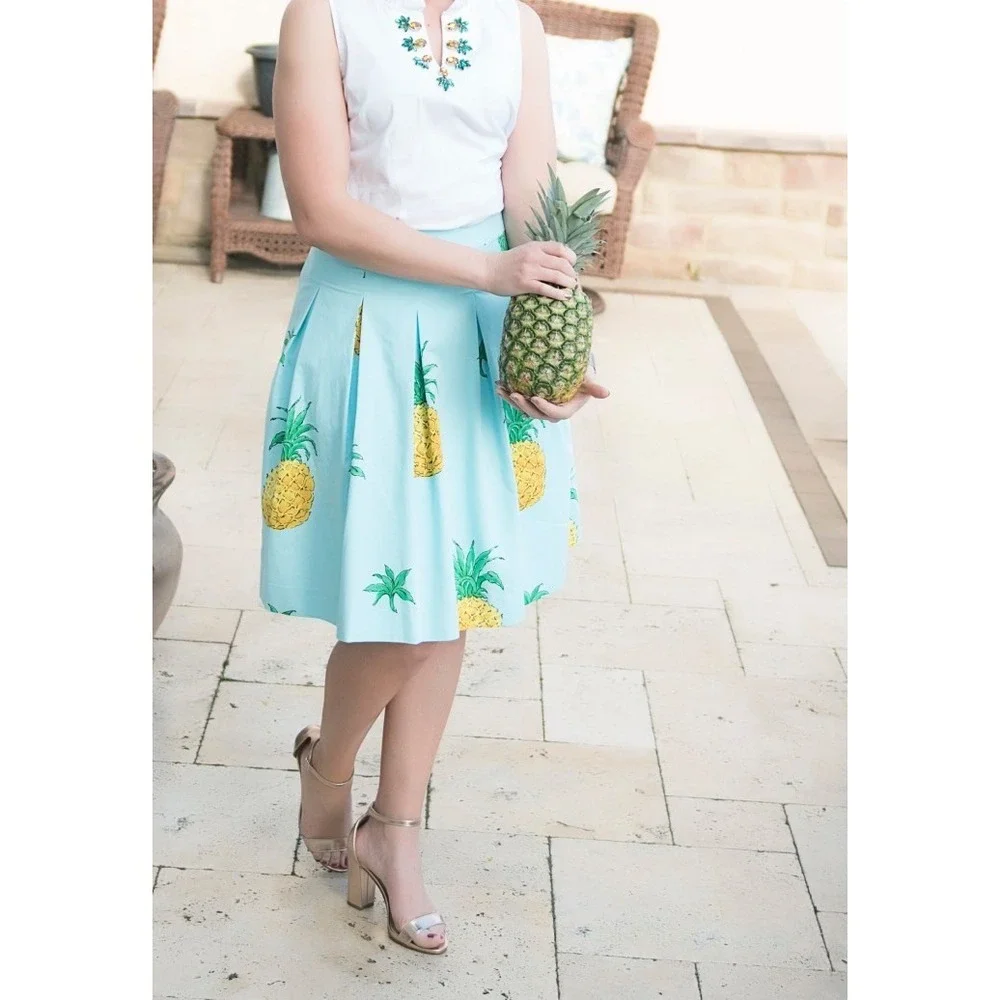 Talbots RSVP Pineapple Pleated Midi Skirt 6 Blue Tropical Cotton A-Line Preppy